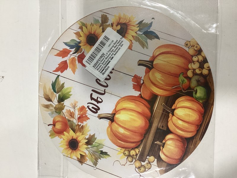 EMOHAT Sunflowers Pumpkin Welcome Round Metal Tin Sign 8x8 Inch - Autumn Door Decor for Thanksgiving & Harvest Season - Rustic Farmhouse Wall Art for Porch, Entryway and Home Greeting Welcome 8x8 Inches