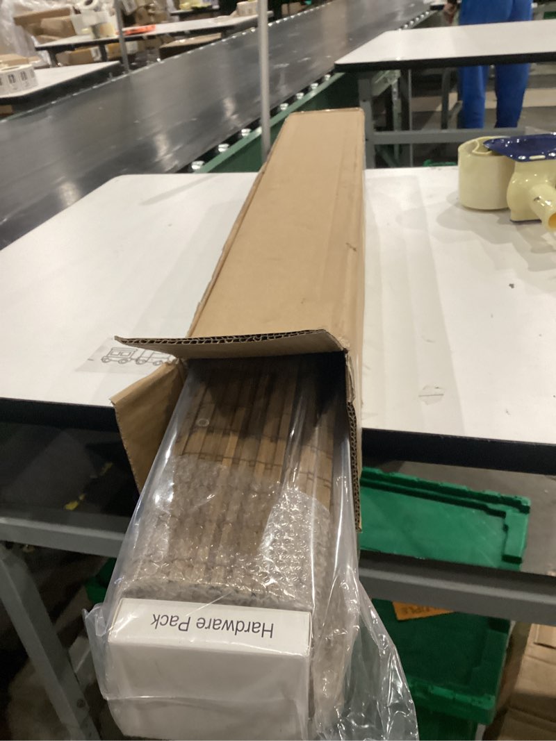 Condition photo showing New/Like New for lazblinds cordless bamboo roman shades, privacy blinds for interior windows, room darkening roll up bamboo blinds for home & patio, 27.5" w x 64" h, highfield teak pricacy - highfield teak 27 1/2" w x 64" h