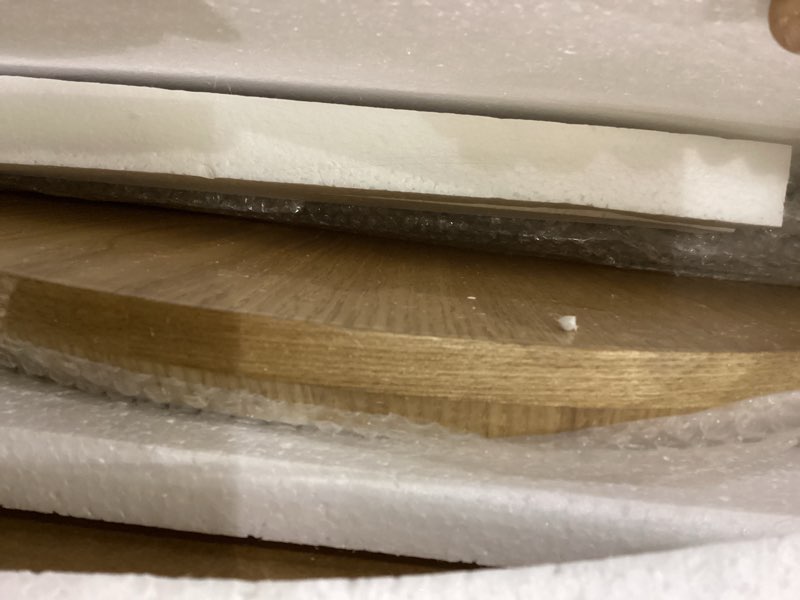 Condition photo showing New/Like New for Honyee Modern Oval Coffee Table, Small Coffee Tables for Living Room - Oak Wood Top with Solid Legs, Wooden Center Table Easy Assembly for Living Room &Bedroom,Office, Natural