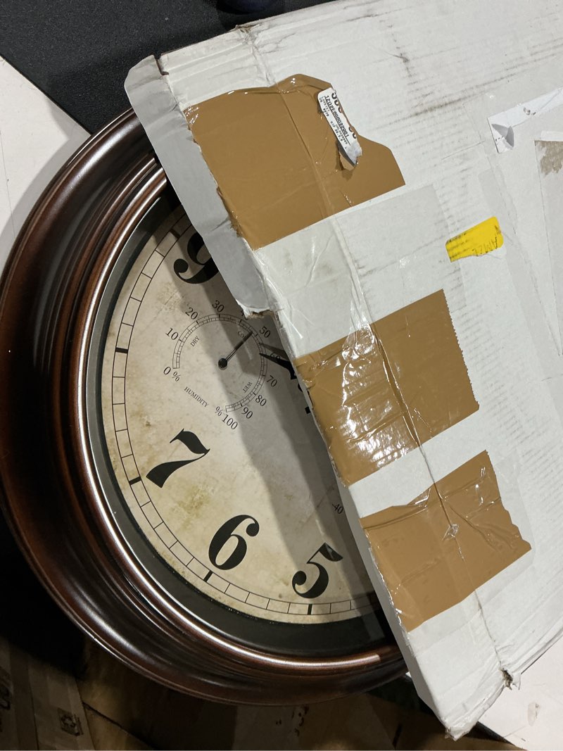 Condition photo showing Good Condition for vintage wall clock 16 inch quartz silent non-ticking analog clock with thermometer and hygrometer, battery operated rustic round decorative clock for living room kitchen home office brown 16in