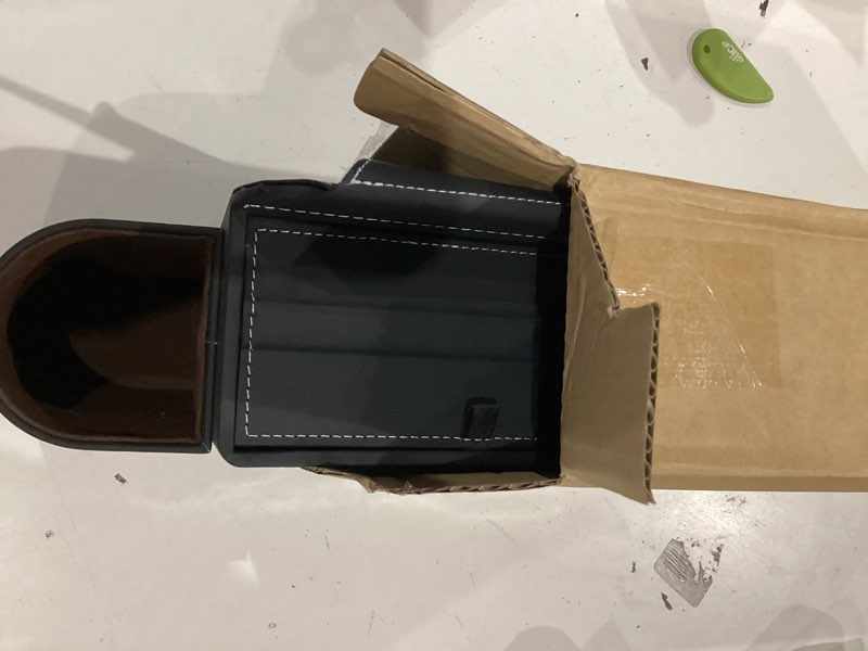 Condition photo showing Good Condition for Back Seat Car Organizer with one Towel Leather wood materials Car Back Seat Storage Box 2 Drink Cup Holder Tissue Box for Hold Phone Drinks Handbag Compatible with Most Vehicles (Black)