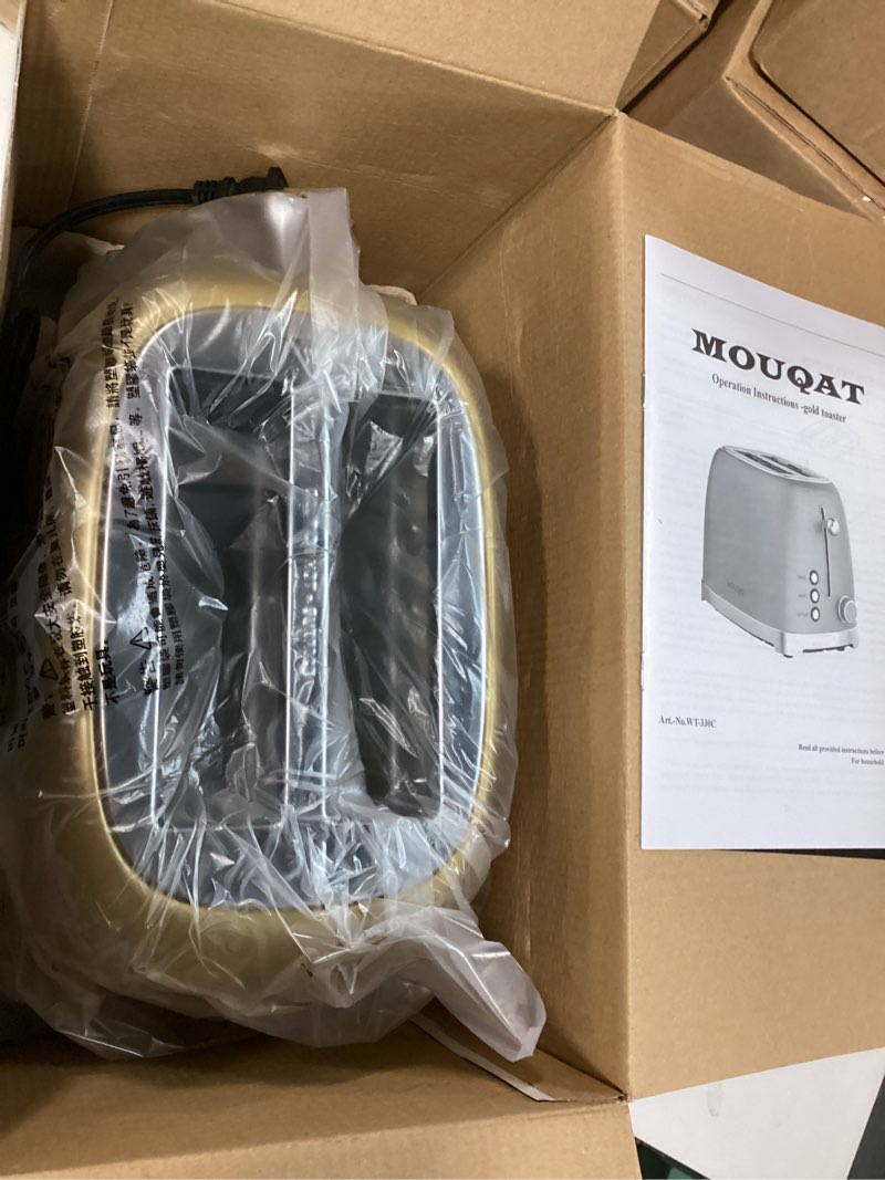 Condition photo showing New/Like New for Gold 2 Slice Toaster, Wide Slot Stainless Steel, 6 Shade Settings, Bagel, Defrost & Cancel Functions, Removable Crumb Tray, Different Toast Sizes, Cord Wrap, 825w