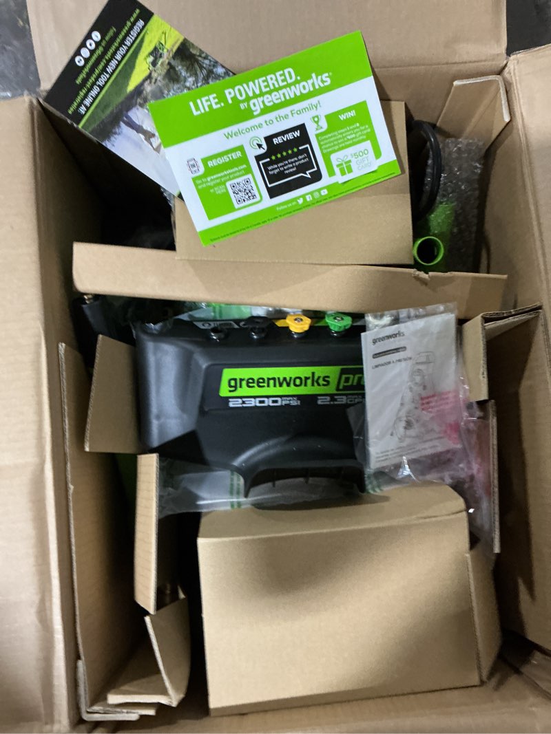 Condition photo showing As Is for used greenworks pro 2300 psi 1.2-gpm cold water electric pressure washer with 5 spray tips