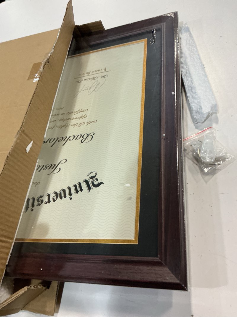 Condition photo showing Good Condition for 16x20 diploma frames 14x17 with black mat, fits degree certificate document, 20 x 16 cherry red frame with tempered glass panel for wall mounting black mat-1 16x20 or 14x17 with mat