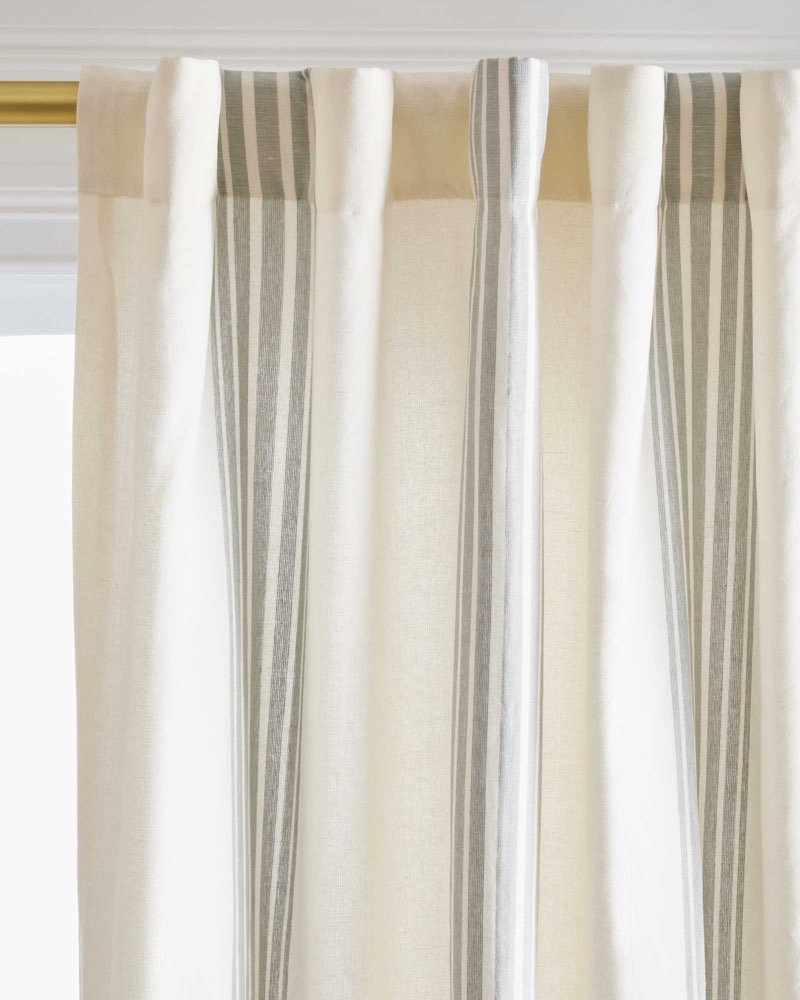 coastal stripe linen cotton true blackout curtain - single panel, 48x96, ivory/sage green