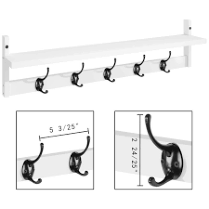 BAMEOS Wall-Mounted Wood Shelf with 5 Dual Hooks for Bathroom, Living Room, Bedroom (White-with Shel