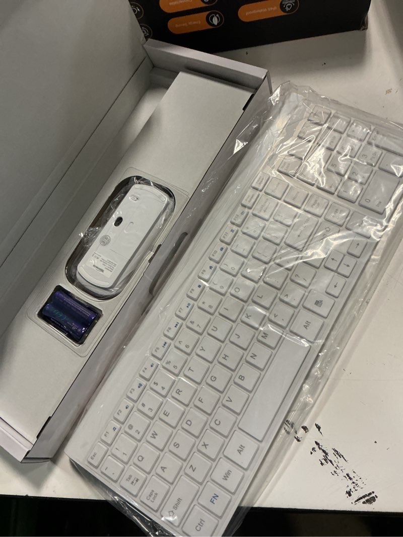 Condition photo showing New/Like New for wireless keyboard and mouse ultra slim combo, topmate 2.4g silent compact usb 2400dpi mouse and scissor switch keyboard set with cover, batteries included, for pc/laptop/windows/mac - white