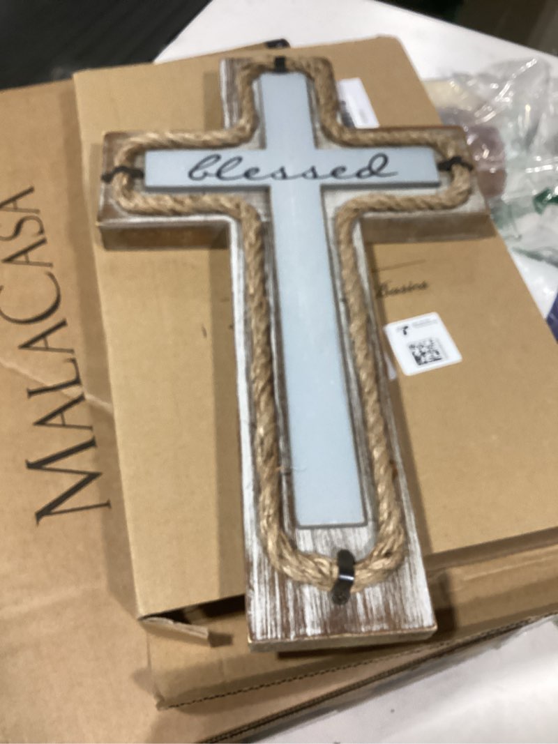 Condition photo showing Good Condition for OKSQW Wall Wooden Cross with Wooden Base Christians Crosses Spiritual Religious Cross Christmas Wall Hanging Handmade Wood Hemp Rope & Blessed Design for Church Home Room Décor Wood Crucifix Gift Blessed Style