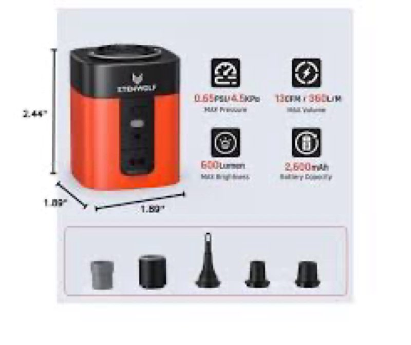 etenwolf air 3 air pump for inflatables with 2600mah battery& camping light | ultra-fast and mini electric air pump, inflate deflate for air mattress, pool floats, vacuum storage bags