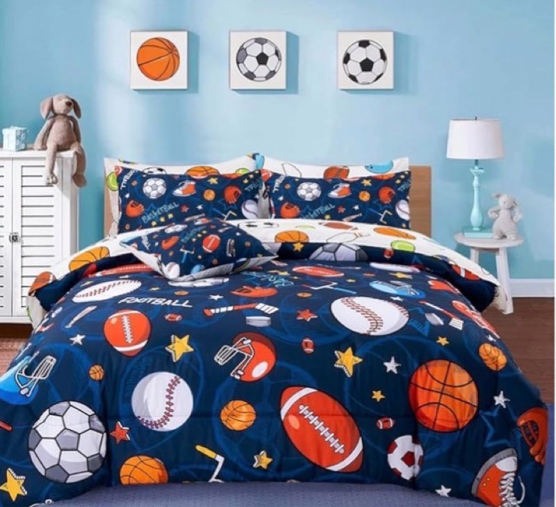 a nice night 6pcs bed in a bag queen sports microfiber modern comforter set,navy rugby ball printed 