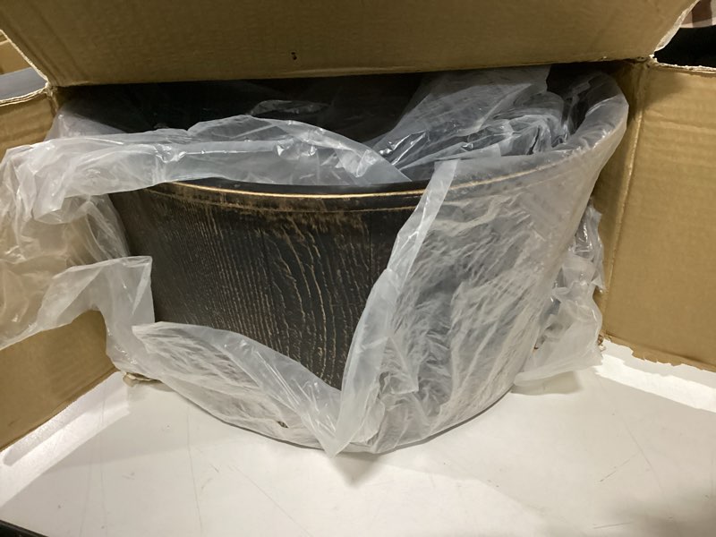 Condition photo showing New/Like New for alpine corporation 27" tall rustic outdoor 2-tier barrel pump water fountain with soothing cascading water flow for patio, yard, porch, or landscape, bronze bronze finish