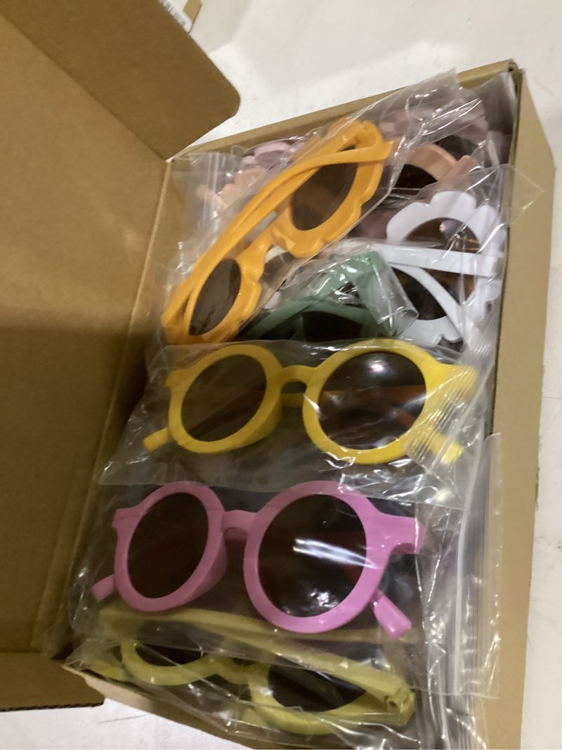 Condition photo showing Good Condition for dunzy 24 pairs kids flower sunglasses retro round sunglasses for toddler girls boys beach party, aged 3-10(vintage color)