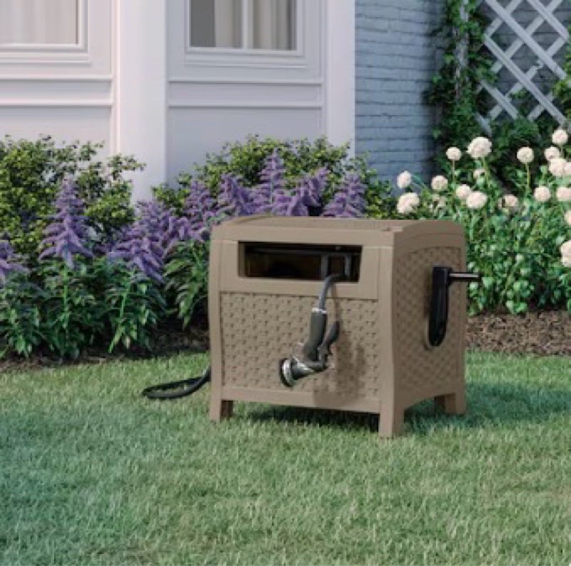 suncast slide trak hideaway plastic 175-ft container hose reel