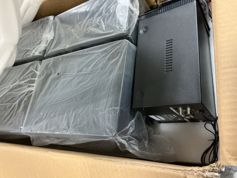 Condition photo showing New/Like New for pyle p.m.p.o cd/dvd stereo system, 5-pc wireless bt streaming 6 ohm two-way wooden speaker box and subwoofer, digital amplifier ic with mp3, usb, fm radio, bass reflex speaker stereo system with subwoofer