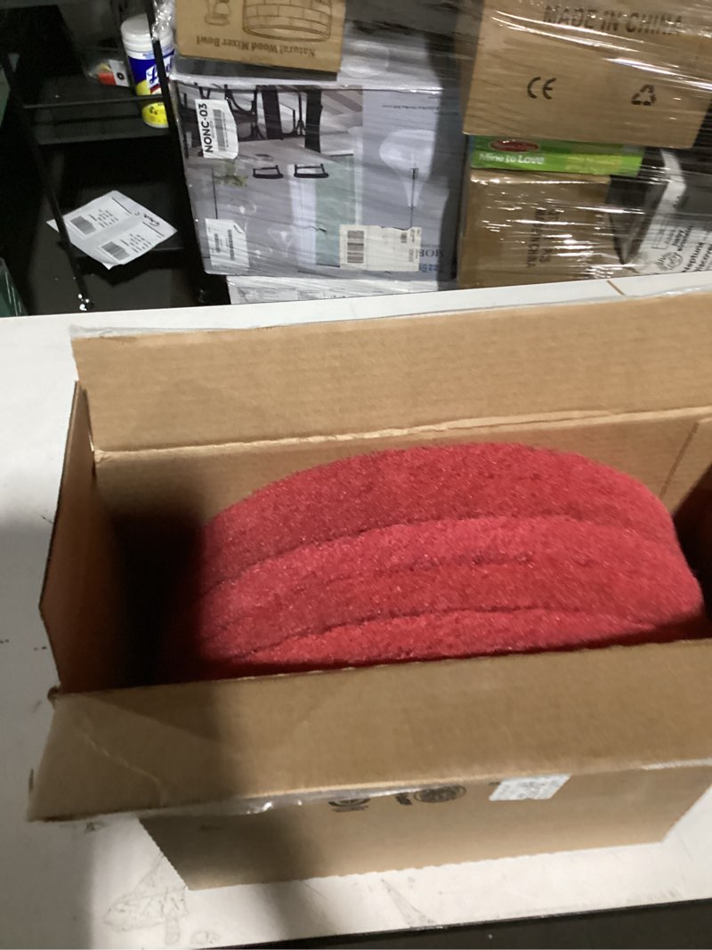 Condition photo showing As Is for americo red buffer floor pad, for light cleaning and buffing, 17" diameter, 3.25" center hole, 5 pads/case, made of 100% recycled content, usa made