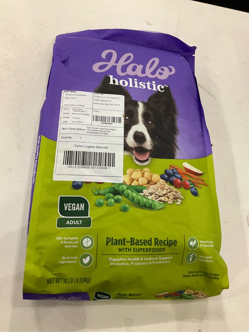 Condition photo showing New/Like New for Halo Holistic Plant-Based Recipe With Superfoods, Complete Digestive Health, Vegan Dry Dog Food Bag, Adult Formula, 10-lb Bag 10 Pound (Pack of 1)