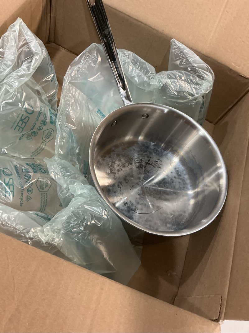 Condition photo showing As Is for all-clad d3 3-ply stainless steel sauce pan with lid 3 quart, induction, oven broiler safe 600f, multipurpose, compatible w/ all cooktops, for restaurant or home kitchen, pots & pans, cookware, silver 3 quarts