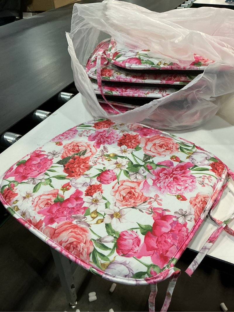 Ambesonne Shabby Flora Chair Seating Cushion Set of 6, Summer Spring Garden Flowers with Leaves and Buds Art, Anti-Slip Seat Padding for Kitchen & Patio, 16"x16", Pale Pink Hot Pink