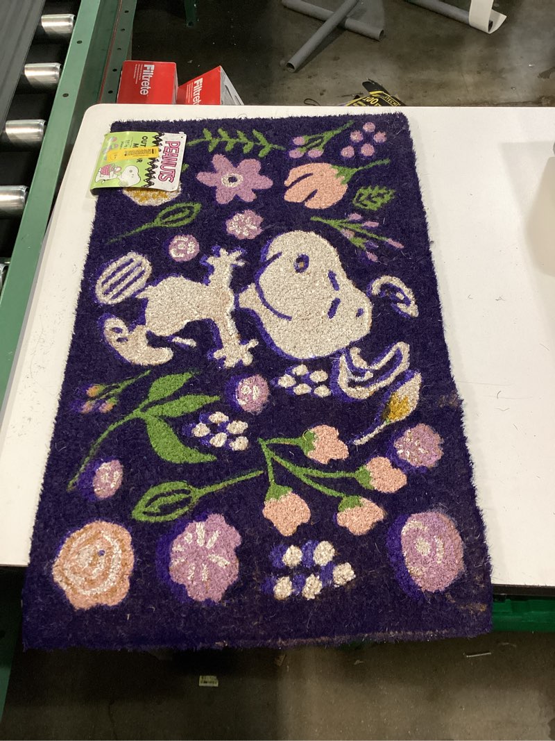 Condition photo showing As Is for peanuts snoopy and woodstock floral doormat 18in x 30in
