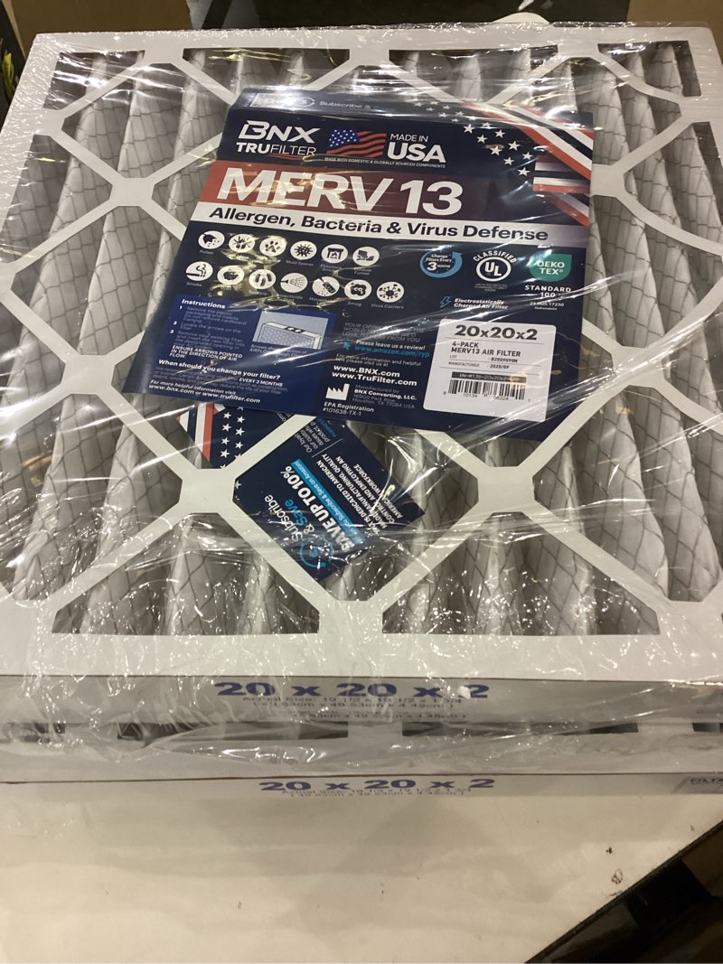 BNX TruFilter 20x20x2 Air Filter MERV 13 (4-Pack) - MADE IN USA - Electrostatic Pleated Air Conditioner HVAC AC Furnace Filters for Allergies, Pollen, Mold, Bacteria, Smoke, Allergen, MPR 1900 FPR 10 MERV 4-Pack