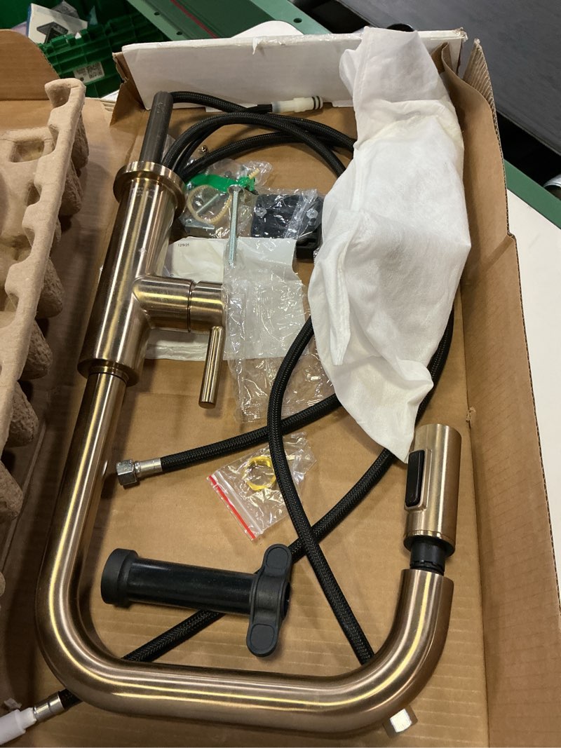 Condition photo showing As Is for delta faucet nicoli u-spout kitchen faucet with pull down sprayer, champagne gold kitchen sink faucet, modern kitchen faucet, single hole kitchen faucet, champagne bronze 19868lf-cz