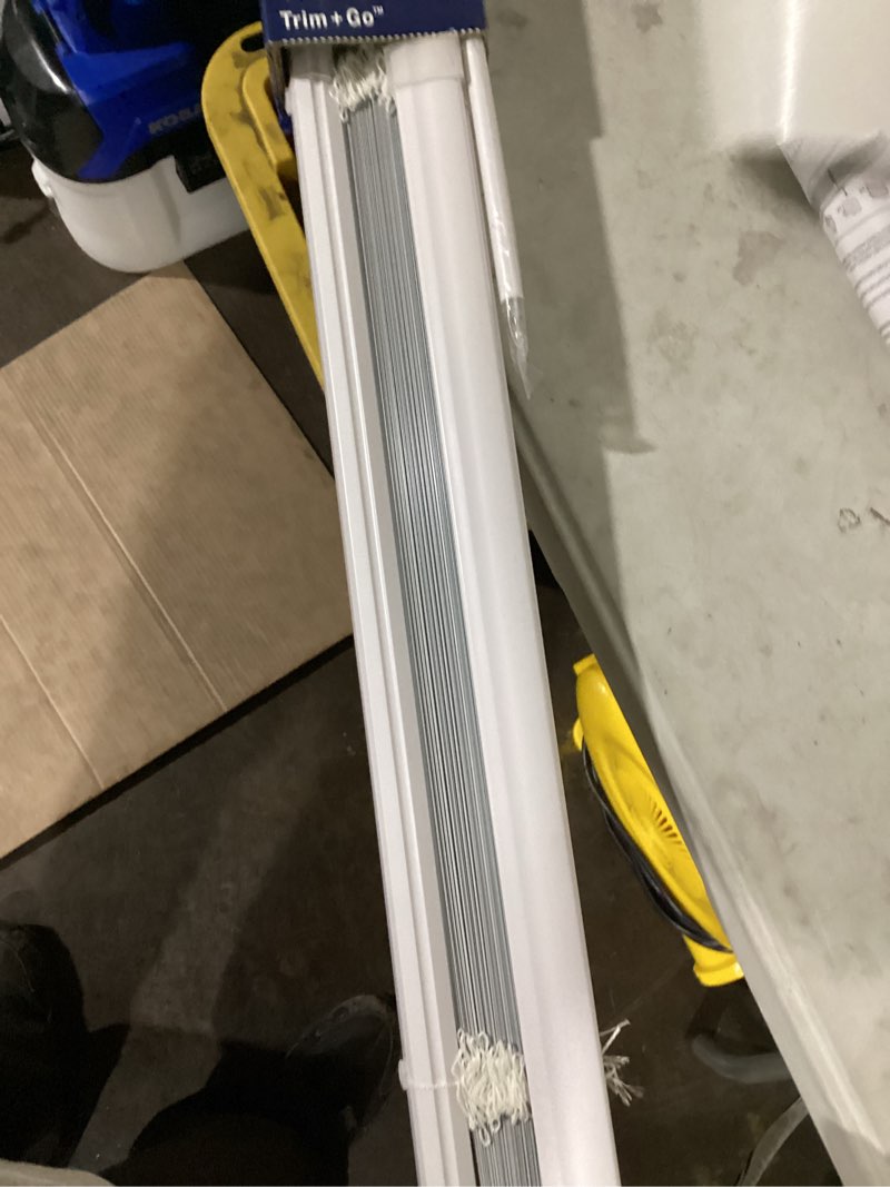 Condition photo showing As Is for levolor trim+go 1-in slat width 48-in x 72-in cordless white aluminum room darkening mini-blinds