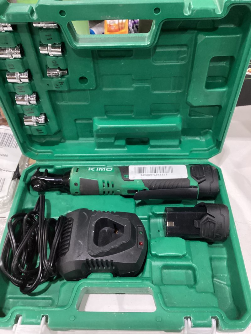 Condition photo showing As Is for KIMO Cordless Electric Ratchet Wrench Set, 40Ft-lbs, 400RPM, 12V Cordless Ratchet Wrench 3/8" w/Variable Speed Trigger, 7Sockets, 1/4" Adapter, Forward/Reverse Switch, 2Battery Power Ratchet w/Charger 1) 12V- 3/8"-2 Batteries
