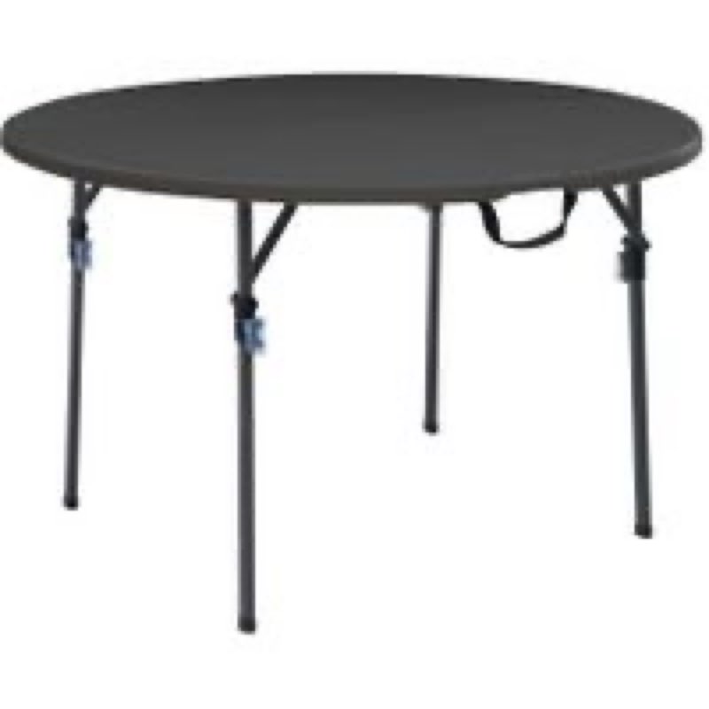 mainstays 4 foot fold-in-half round plastic table, black, 48-inch, portable with auto-locking legs and built-in carry handle