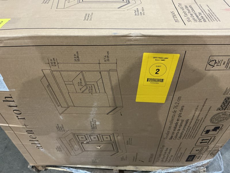 Condition photo showing As Is for allen roth pittman 30-in muse gray undermount single sink bathroom vanity with white calacatt