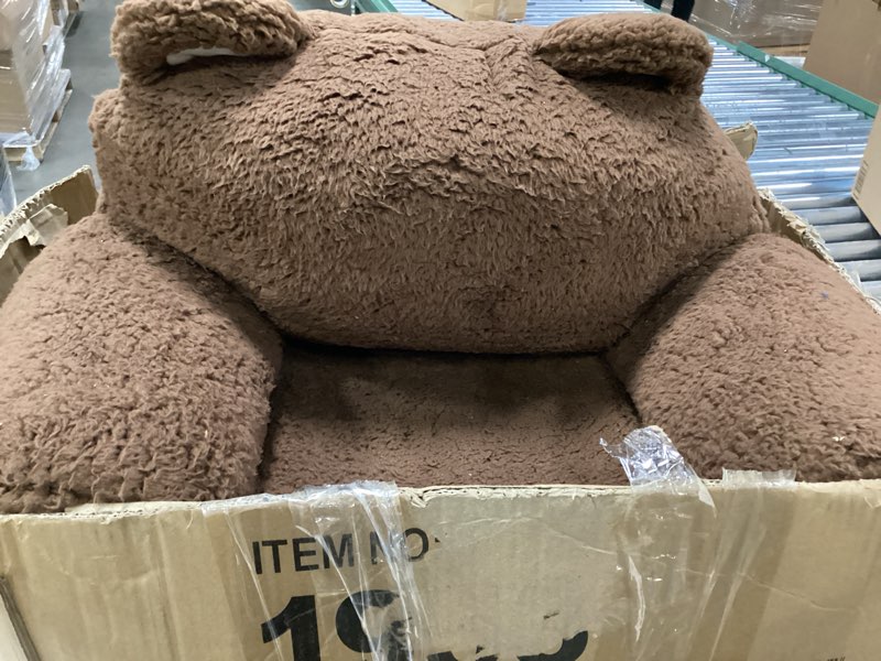 Condition photo showing As Is for kids sofa, sherpa couch with tri-layer foam cushions, comfy seating for kids age 18 months and up, brown teddy bear small