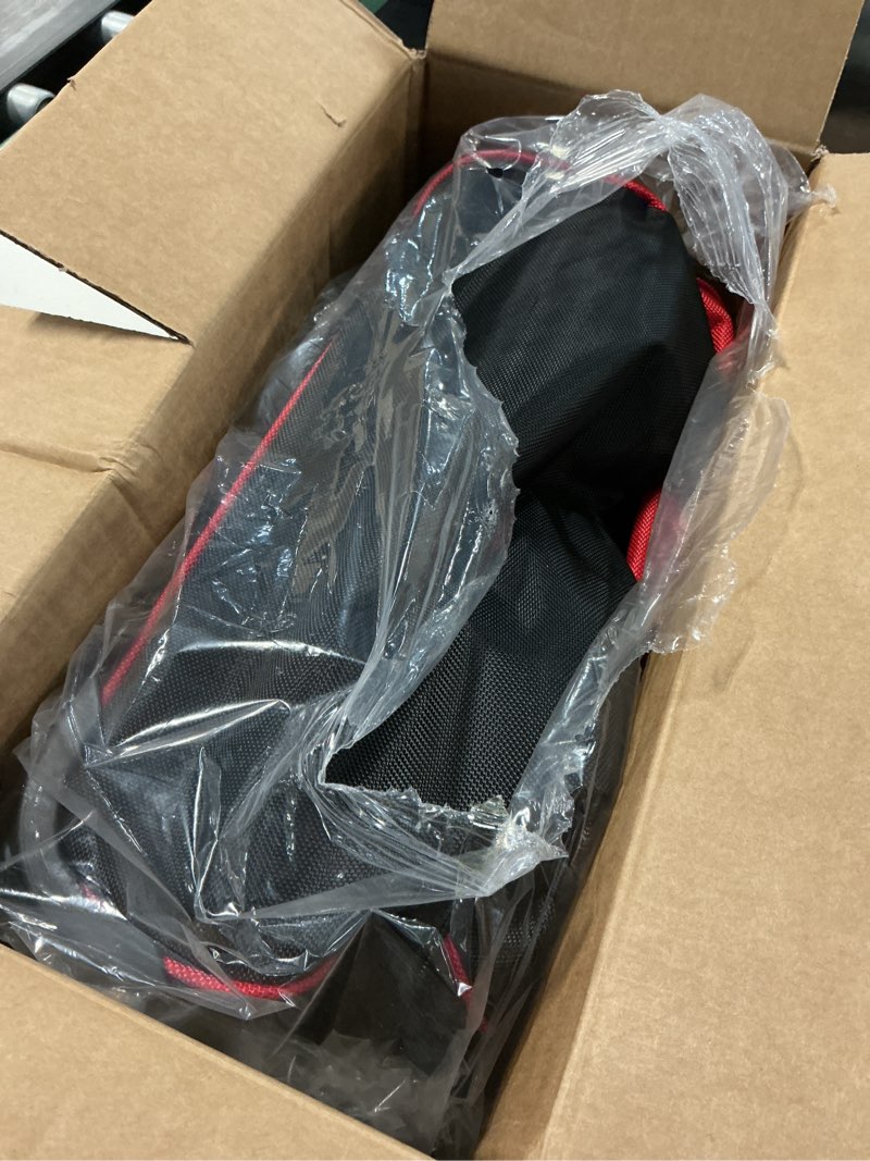Condition photo showing New/Like New for single roller bowling bag with wheels, 1 bowling ball bag with separate shoe compartment and retractable handle extends to 37.0 inches, padded foam ball insert red