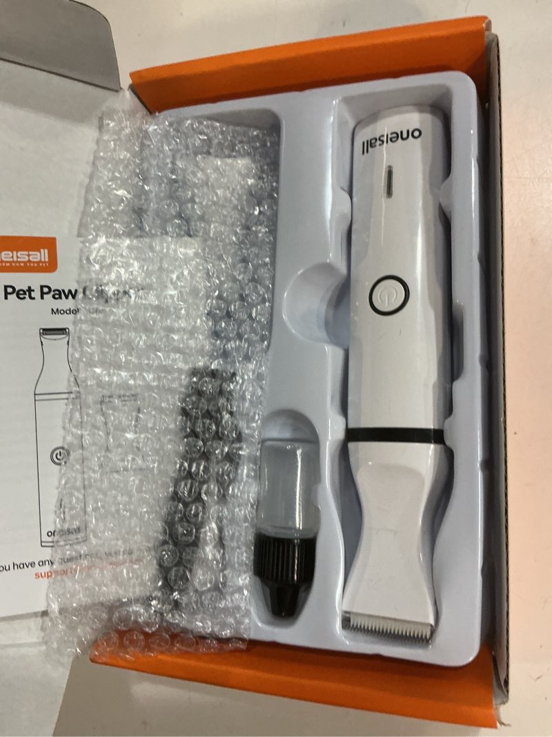 Condition photo showing As Is for oneisall dog clippers with double blades,cordless small pet hair grooming trimmer,low noise for trimming dog's hair around paws, eyes, ears, face, rump (white)