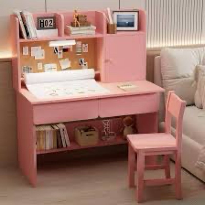 rupolx wooden pink kids study desk and chair set with light, paper roll dispenser and 2 drawers, chi