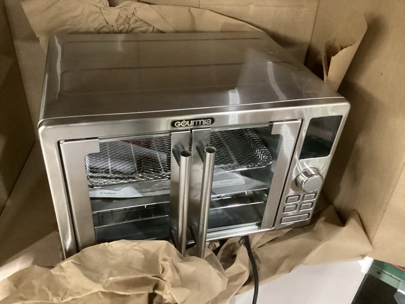 Condition photo showing As Is for gourmia air fryer french door toaster oven - 6-slice capacity, led display with 14 cooking presets, stainless steel,not tested