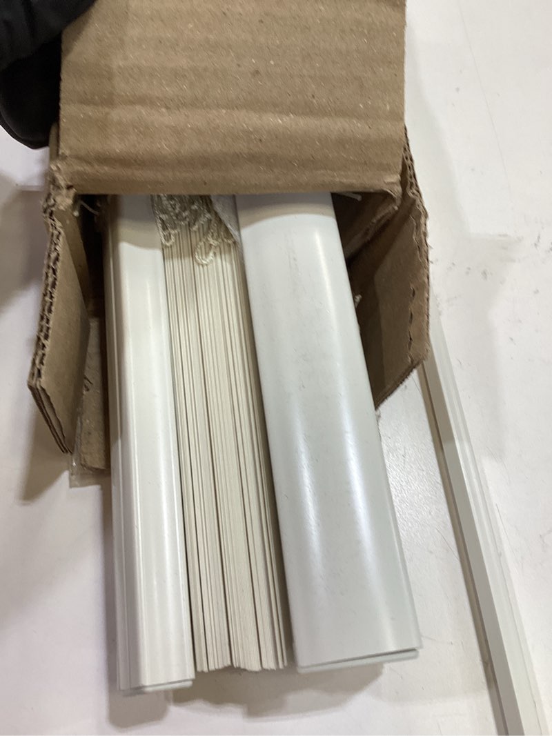Condition photo showing As Is for chicology cordless mini blinds, 1 inch vinyl window blinds, room darkening & privacy, easy install with adhesive brackets, child safe, for windows, doors & campers, alabaster,28.5" w x 48" h 28.5"w x 48"h alabaster (commercial grade)