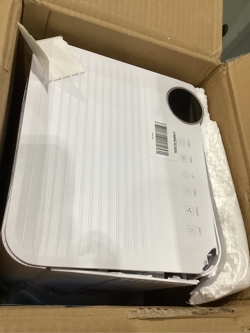 Condition photo showing As Is for corner damaged used  ot tested 2500 sq.ft dehumidifier for basement with drain hose, 34 pints dehumidifiers for home large room bathroom bedroom,3 modes, adjustable humidity control, timer, auto defrost, sleep mode gray