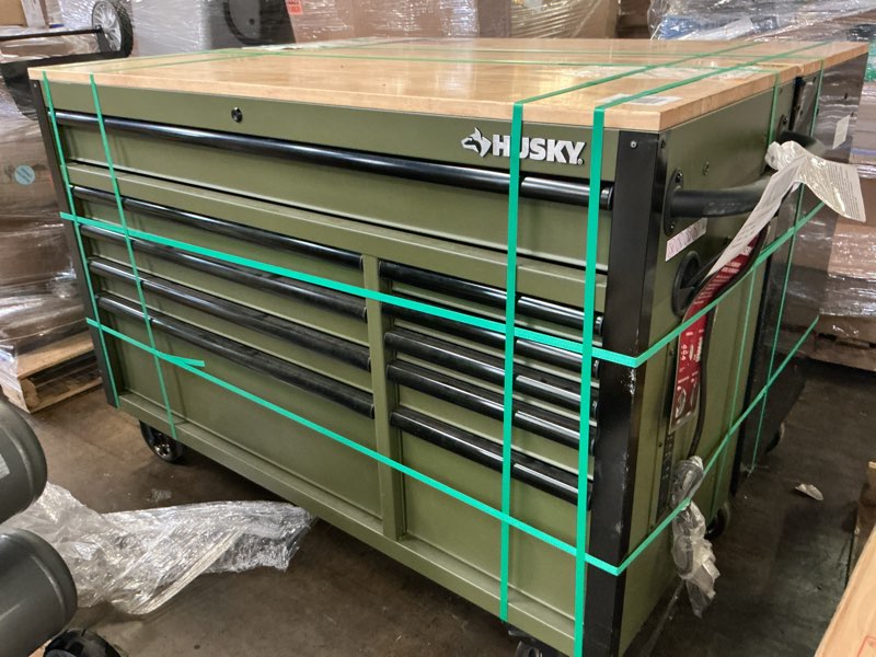 Condition photo showing New/Like New for standard-duty 52 in. w 10-drawer matte army green mobile workbench cabinet with solid wood top