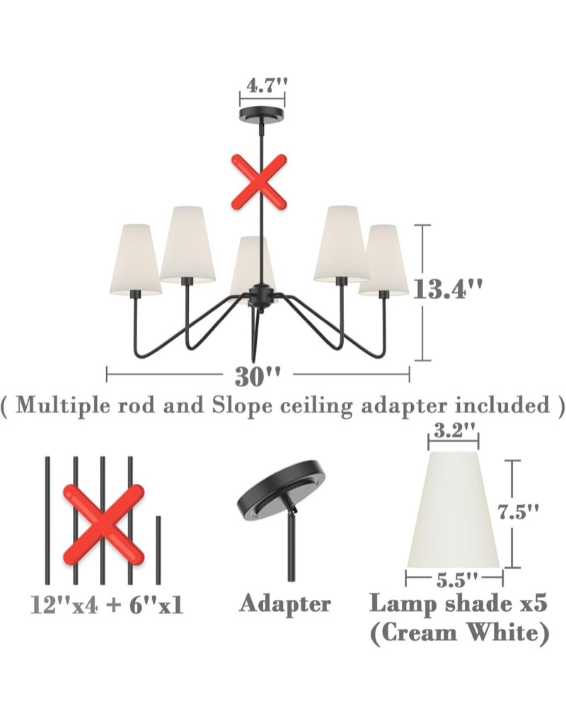 Electro BP 28" Dia 5 Arms Classic Chandeliers Black White Linen Shades 200 W
