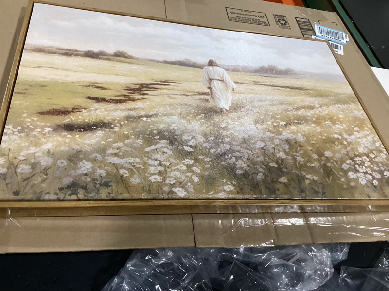 Condition photo showing Good Condition for tstvo wood framed jesus wall art, jesus walking in wildflowers wall decor, vintage faith religious canvas painting, inspirational christian artwork for church prayer room living room bedroom 16x24 inch flower(wood) 24"l x 16"w