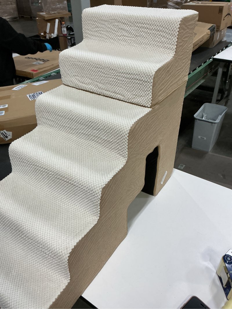 Condition photo showing As Is for Dog Steps for High Beds - 5 Step 24" H Pet Stairs with Tunnel 2 in 1 with Zippers Suitable for Small Dogs and Cats, Indoor Cat Ladders with Non-Slip Bottom, Beige 5-Steps Angled Beige Fleece