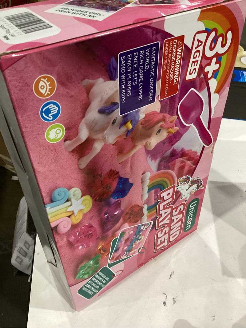 Condition photo showing New/Like New for Volmop Unicorn Sensory Bin for Girl, 148pcs Play Sand Art Kit with Sandbox, 3.3lb Color Sand,Unicorn Tactile Sensory Toy for Girl Toddler Ages 3-8 Pink