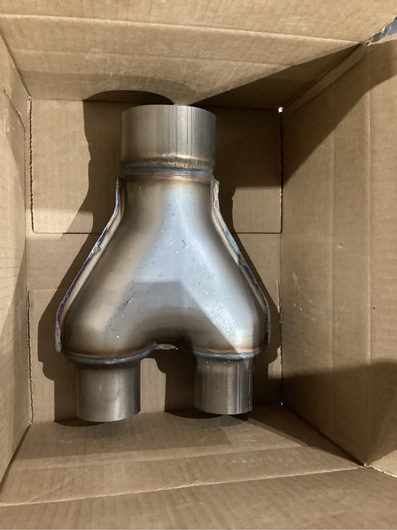 Condition photo showing As Is for t409 stainless steel y pipe 3'' inch id single to 2'' inch id dual stamped exhaust adapter connector, overall length: approx. 10", universal 3" single to 2" dual