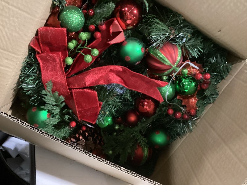 Condition photo showing As Is for Christmas Wreath for Front Door, 22 Inch Large Outdoor Christmas Wreath, Lighted Xmas Wreath with Red Green Ball Ornaments Velvet Bow and 30 LED Lights for Fireplace Window Holiday Decor