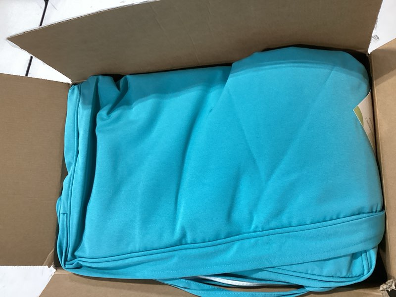 Condition photo showing Good Condition for basic beyond outdoor chair cushions for patio furniture, waterproof outdoor seat cushions set of 4 19 x 19, patio chair cushions set of 4 with ties and handle, teal teal 19x19x3