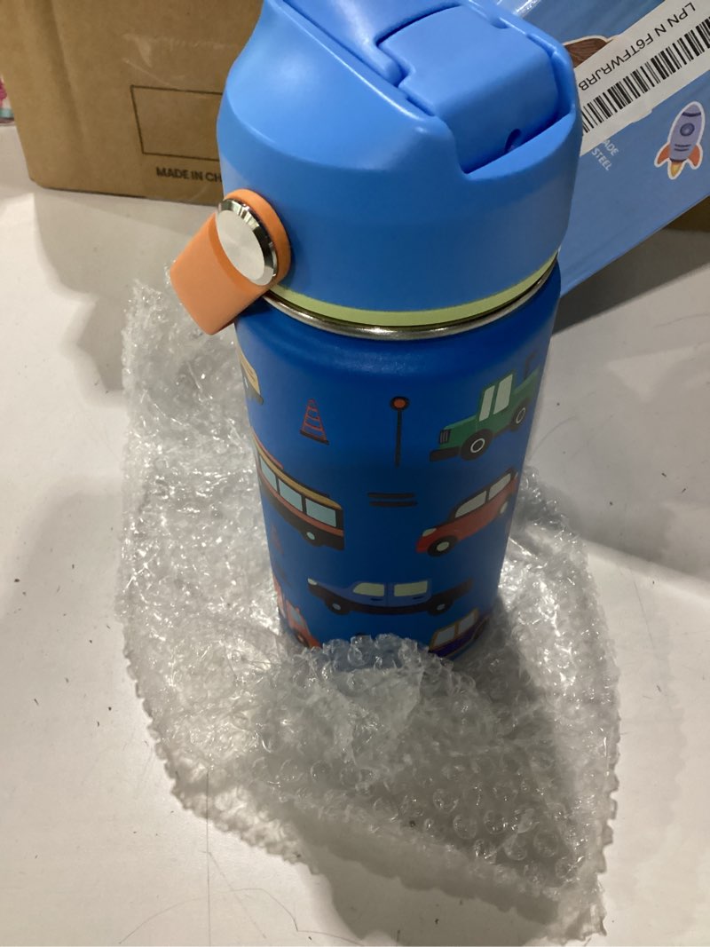 Condition photo showing Good Condition for kids water bottle 14oz with silicone straw lid - insulated toddler water bottle stainless steel keeps cold 24h, leak proof & cars trucks prints design | custom name tag for school, daycare, travel cars and trucks