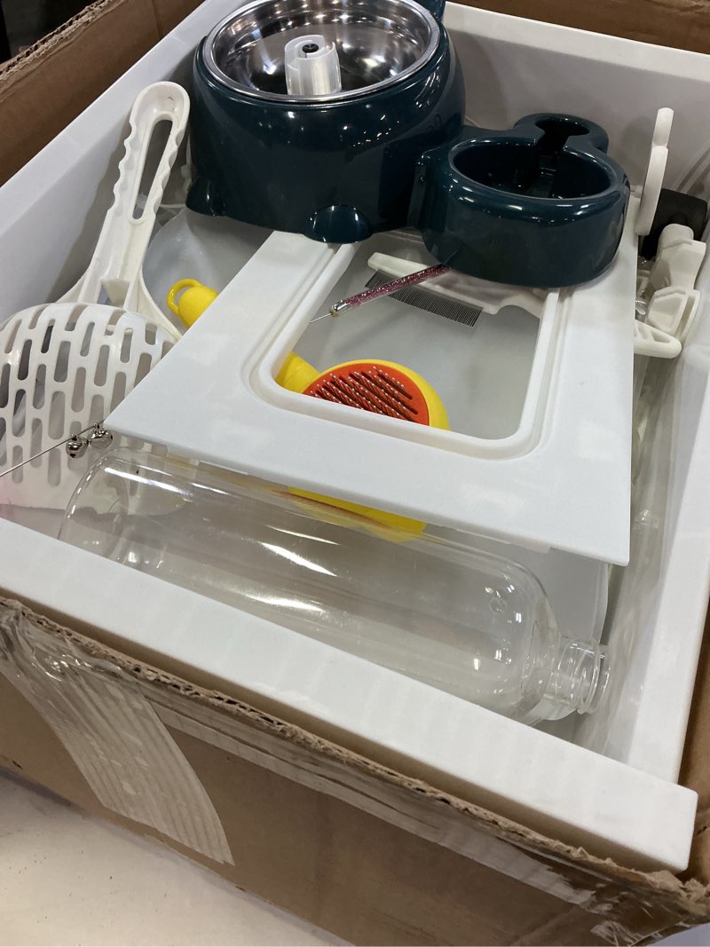 Condition photo showing Good Condition for cat cage indoor with litter box, complimentary bed, bowl, cleaning three piece set, large cat enclosure, cat house with wheels outdoor, small animal cage cat kennel, white, 41.8(l) x 18.1(w) x 46.1(h) 41.8?(l) x18.1?(w) x46.1?(h)