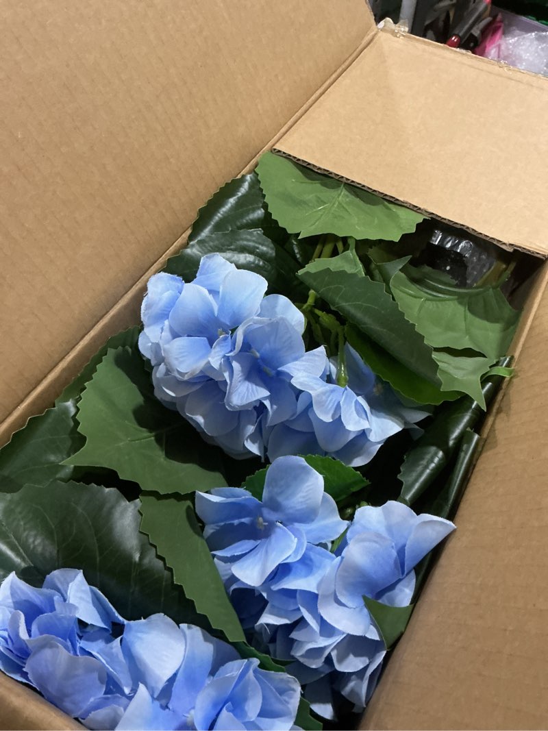 Condition photo showing Good Condition for 31" large artificial blue hydrangea floor plant, realistic faux silk floral arrangement in black pot, uv resistant tall outdoor decorative flowers for porch, patio, office & home entrance