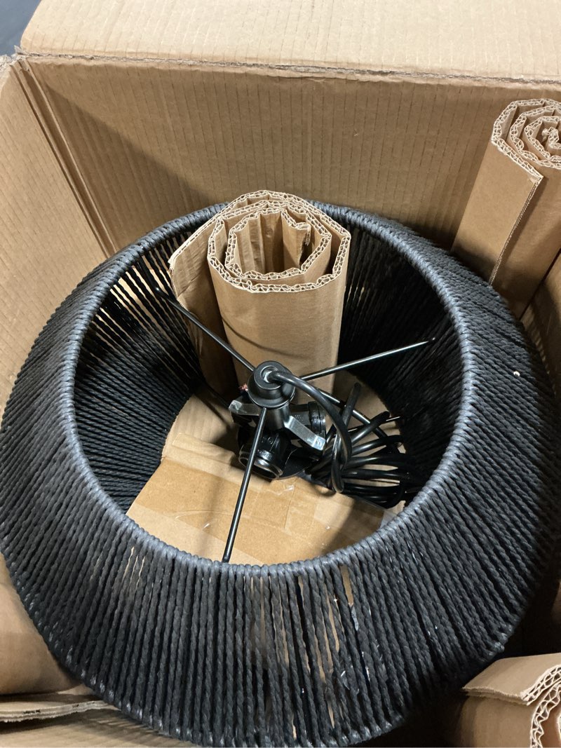 Condition photo showing Good Condition for modern farmhouse boho chandelier, 3-light black chandeliers for dining room, adjustable rustic pendant light with handwoven cotton rope shade hanging fixture for kitchen island, bedroom, foyer