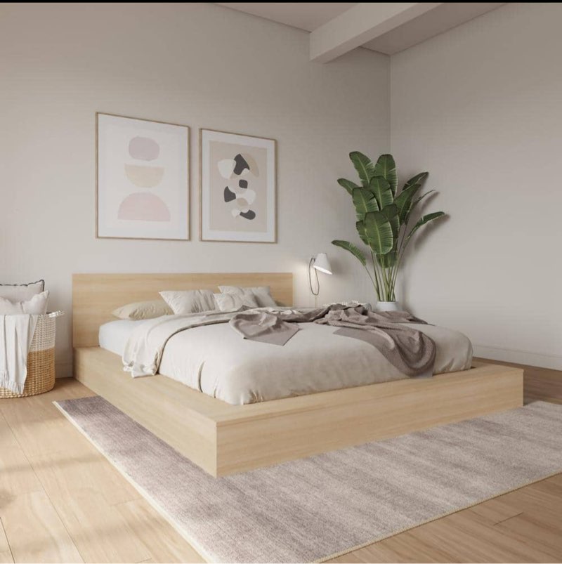 Kanso Beige Oak Frame Queen Size Low Profile Platform Bed with Headboard
