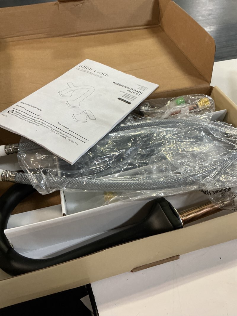 Condition photo showing Good Condition for allen + roth dunmore matte black widespread 2-handle watersense high-arc residential handle bathroom sink faucet with drain